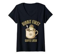Mujer Rana Vintage Beber Café Retro Cottagecore Café Amantes Camiseta Cuello V