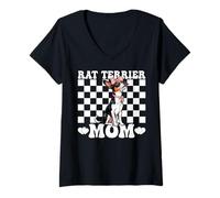 Mujer Rat Terrier Mom Dog Mama Día de la Madre Coqueta Bow Rosa Camiseta Cuello V