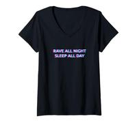 Mujer Rave All Night Sleep All Day Techno Club EDM Festival Party Camiseta Cuello V