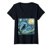 Mujer Raven Crow Lover Starry Van Gogh Night Style Pintura Arte Camiseta Cuello V