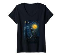 Mujer Raven Under Starry Night Moon Fantasy Art Scene Camiseta Cuello V
