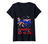 Mujer Rawrrr ! In The USA Trex Dinosaur 4th of July American Flag Camiseta Cuello V