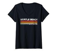 Mujer Rayas de Viaje Retro de Myrtle Beach, Carolina del Sur Camiseta Cuello V