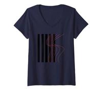 Mujer Rayas Negras Verticales Líneas Curvas Rojo Abstracto Camiseta Cuello V