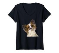 Mujer Raza de Perro Papillon, Lindo Perro Papillon Camiseta Cuello V