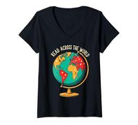 Mujer Read Across the World Vintage Globe Book Lover’s Camiseta Cuello V
