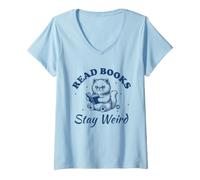 Mujer Read Books Stay Weird Cat Camiseta Cuello V