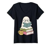 Mujer Read More Ghost Bookworm Coffee Reading Halloween Librarian Camiseta Cuello V