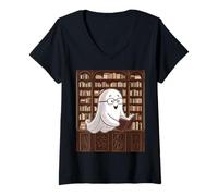 Mujer Reading Ghost - Spooky Library Halloween tee Camiseta Cuello V