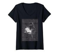 Mujer Reading Ghost - Spooky Library Halloween tee Camiseta Cuello V