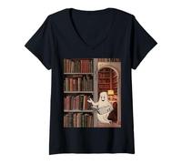 Mujer Reading Ghost - Spooky Library Halloween tee Camiseta Cuello V