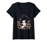Mujer Reading Ghost - Spooky Library Halloween Tee Camiseta Cuello V