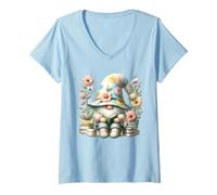 Mujer Reading GNOME For Women and Teachers with Flowers Cute Book Camiseta Cuello V
