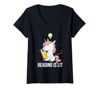 Mujer Reading Is Lit Unicorn Library Inglés Profesor Amante de los Libros Camiseta Cuello V