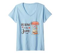 Mujer Reading Is My Jam Book Love Teacher Bookworm Library Reader Camiseta Cuello V