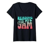 Mujer Reading Is My Jam Book Lover Bookworm Profesor Lector de Biblioteca Camiseta Cuello V