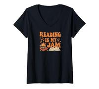 Mujer Reading Is My Jam Book Lover Groovy Music Notes Retro Camiseta Cuello V