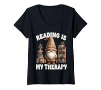 Mujer Reading Is My Therapy Librarian Book GNOME For Retired Life Camiseta Cuello V
