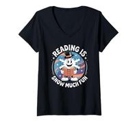 Mujer Reading Is Snow Much Fun Copo de Nieve Sombrero de Copa de Invierno Camiseta Cuello V