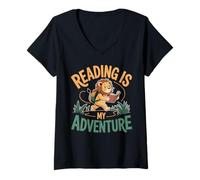 Mujer Reading Wild adventures Lion Book Reader Kids Reading Camiseta Cuello V