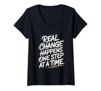 Mujer Real Change Happens One Step At A Time - Cita Motivacional Camiseta Cuello V