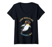 Mujer Realmente Me Gustan Pingüinos Ok Animales Amante Rey Pingüino Camiseta Cuello V
