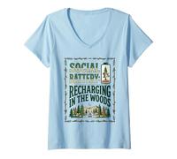 Mujer Recarga de batería Social en el Bosque Divertido Arte de Camping Camiseta Cuello V