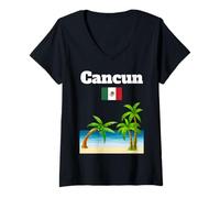 Mujer Recuerdo de Cancún playa tropical palmera bandera de México Camiseta Cuello V