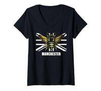 Mujer Recuerdo de la Bandera del Reino Unido de Manchester Bee Camiseta Cuello V