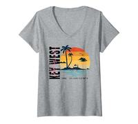 Mujer Recuerdo de moda vintage de vacaciones en Key West Florida Sunset Camiseta Cuello V