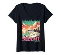 Mujer Recuerdo de Viaje de Surfista FL de Vacaciones Familiares en Miami Beach Florida Camiseta Cuello V