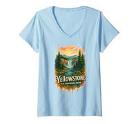Mujer Recuerdo de viajero de acuarela del Parque Nacional Yellowstone Camiseta Cuello V