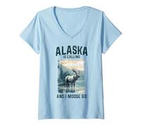 Mujer Recuerdo Divertido de Alaska Is Calling & I Moose Go Camiseta Cuello V