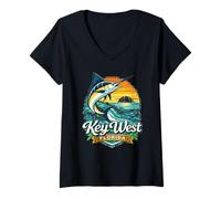 Mujer Recuerdo Retro de Key West Florida Marlin Fishing Florida Keys Camiseta Cuello V