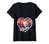 Mujer Recuerdo retro de puesta de sol con texto en forma de corazón de Nueva York para amantes de la ciudad de Nueva York Camiseta Cuello V