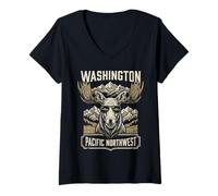 Mujer Recuerdo Vintage de Alce del noroeste del Pacífico de Washington PNW Camiseta Cuello V