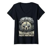 Mujer Recuerdo Vintage de Oso del noroeste del Pacífico de Washington PNW Camiseta Cuello V