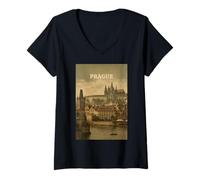 Mujer Recuerdos de Viaje a Praga: Foto Vintage del Paisaje Urbano Camiseta Cuello V
