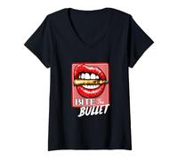 Mujer Red Bite The Bullet Gráfico Rojo Camiseta Cuello V