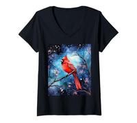 Mujer Red Cardinal Bird Blue Starry Night Pink Floral Sky Flower Camiseta Cuello V