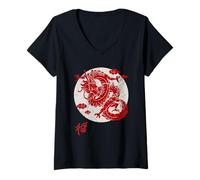 Mujer Red Dragon White Rising Sun Chinese Strength Symbol Camiseta Cuello V