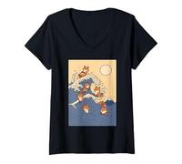 Mujer Red Fox Great Wave Kawaii Anime Pet Red Fox Arte japonés Camiseta Cuello V