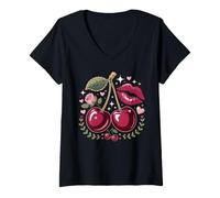Mujer Red Lips and Cherries Cherry Lover Fruit Retro Camiseta Cuello V