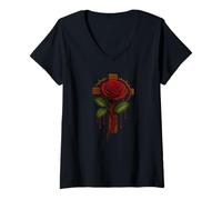 Mujer Red Rose Cross Magical Dripping Faith Believe God Bonita Rosa Camiseta Cuello V