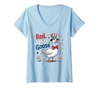 Mujer Red White and Goose Cute Goose 4th Of July America Flag Camiseta Cuello V