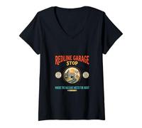 Mujer Redline Garage Stop, diseño Retro Nocturno al Borde de la Carretera Camiseta Cuello V