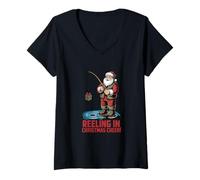 Mujer Reeling In Christmas Cheer - Divertida Pesca navideña Camiseta Cuello V