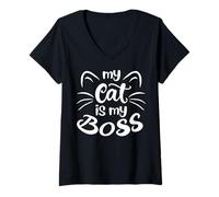 Mujer Refrán Divertido sobre Gatos - Lindo Amante de los Gatos - Mi Gato es mi Jefe Camiseta Cuello V