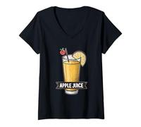 Mujer Refrescante impresión gráfica de jugo de manzana Camiseta Cuello V