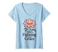 Mujer Regalo de concientización sobre el cáncer de Mama Fighting with Grace para Mujeres Camiseta Cuello V